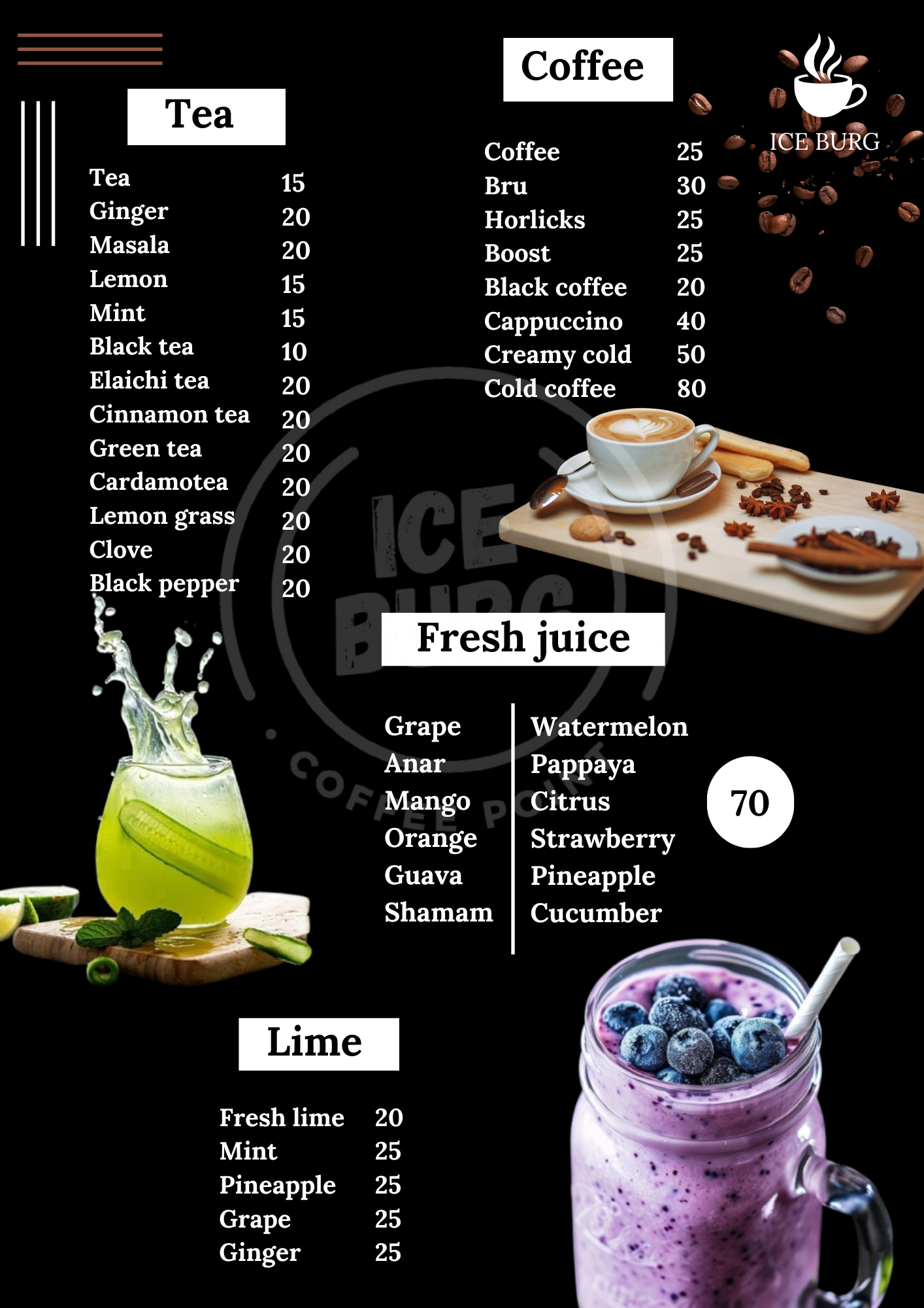 Tea,coffee,fresh juice,lime